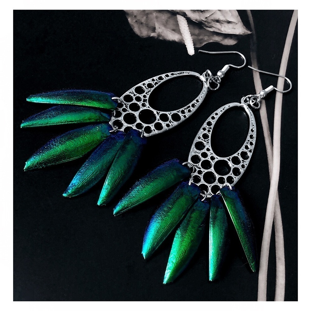 OOAK Artisan Real Beetle Wing Silver Boho Earrings